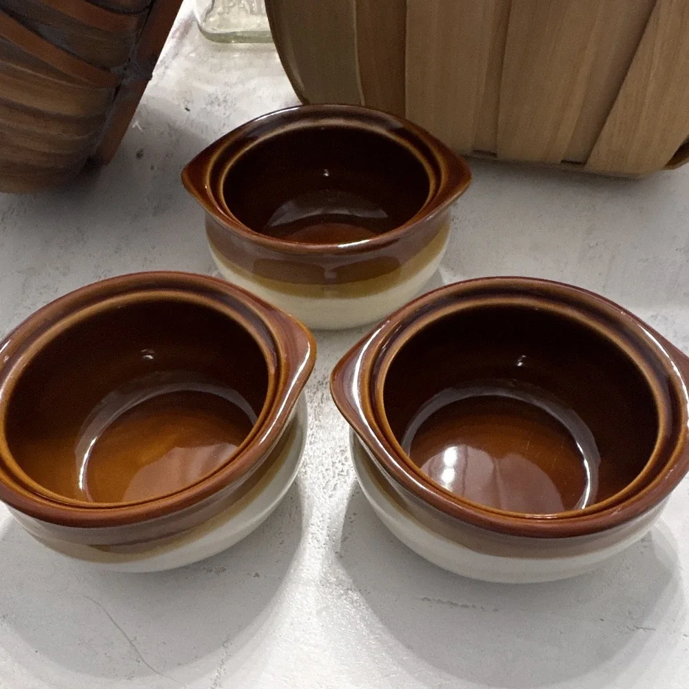 Rego C067-27 Ceramic Soup Bowls Set of 3 Brown/Beige Side Handle